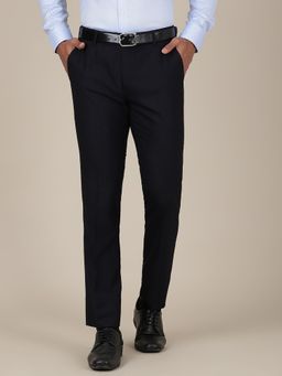 Metal - Slim Fit Navy Blue Checked Formal Trouser