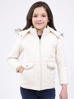 Monte Carlo - Girls Regular Fit Printed Winter Stylish Full Sleeve Zipper Jacket - Beige