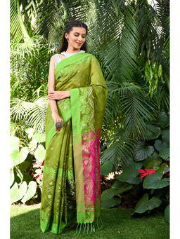 Beatitude - Green Handloom Cotton Silk Saree with Unstitched Blouse