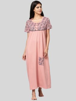 Kryptic - Womens Dusty Pink Floral Printed Pure Cotton Maxi Nightdress