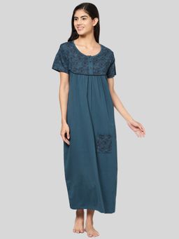 Kryptic - Womens Teal Blue Floral Printed Pure Cotton Maxi Nightdress