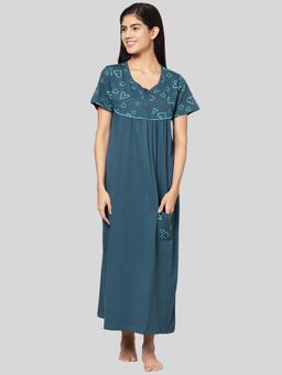 Kryptic - Womens Teal Blue Printed Pure Cotton Maxi Nightdress