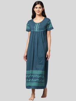 Kryptic - Womens Teal Blue Printed Pure Cotton Maxi Nightdress