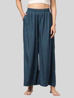 Kryptic - Womens Teal Blue Solid Viscose Light Weight Flared Lounge Pant