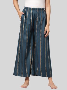 Kryptic - Womens Teal Blue Printed Viscose Light Weight Flared Lounge Pant