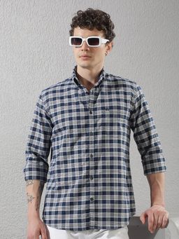 CRIMSOUNE CLUB - Navy Blue Checked Button-Down Collar Shirt