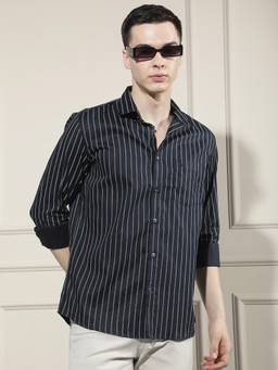 CRIMSOUNE CLUB - Navy Blue Vertical Striped Shirt