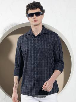 CRIMSOUNE CLUB - Navy Blue Checked Shirt