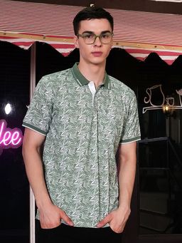 CRIMSOUNE CLUB - Green Botanical Print Polo T-Shirt