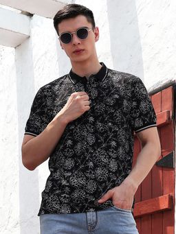 CRIMSOUNE CLUB - Black Floral Print Polo T-Shirt