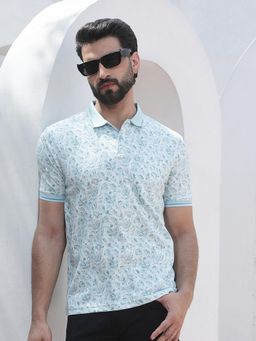 CRIMSOUNE CLUB - Blue Botanical Print Polo T-Shirt