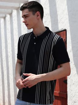 CRIMSOUNE CLUB - Navy Blue Vertical Striped Polo T-Shirt