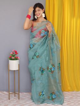 Odette - Blue Organza Foil Print Saree with Unstitched Blouse