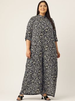 theRebelinme - Plus Size Womens Batik Floral Printed Mandarin Collar Jumpsuit