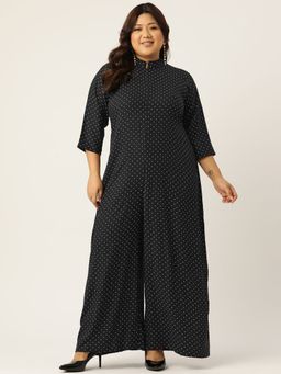 theRebelinme - Plus Size Womens Black Polka Dot Printed Mandarin Collar Jumpsuit