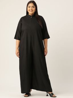 theRebelinme - Plus Size Womens Black Solid Color Mandarin Collar Jumpsuit