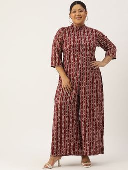 theRebelinme - Plus Size Womens Maroon Gold Foil Printed Mandarin Collar Jumpsuit