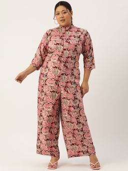 theRebelinme - Plus Size Womens Maroon Rose Floral Printed Mandarin Collar Jumpsuit