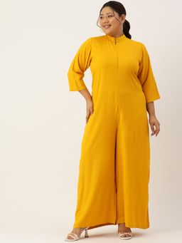 theRebelinme - Plus Size Womens Mustard Solid Color Mandarin Collar Jumpsuit