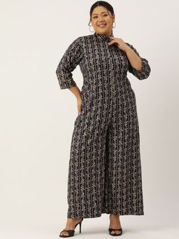 theRebelinme - Plus Size Womens Navy Blue Floral Print Mandarin Collar Jumpsuit