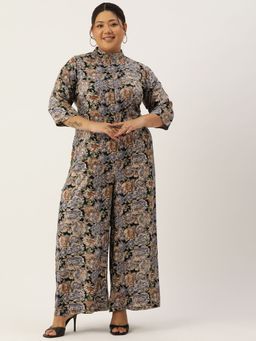 theRebelinme - Plus Size Womens Navy Blue Floral Print Mandarin Collar Jumpsuit