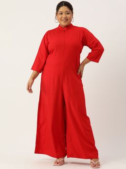theRebelinme - Plus Size Womens Red Solid Color Mandarin Collar Basic Jumpsuit