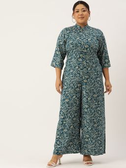 theRebelinme - Plus Size Womens Teal Batik Floral Printed Mandarin Collar Jumpsuit