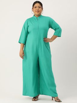 theRebelinme - Plus Size Womens Turquoise Solid Color Mandarin Collar Basic Jumpsuit
