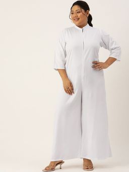 theRebelinme - Plus Size Womens White Solid Color Mandarin Collar Basic Jumpsuit