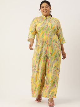 theRebelinme - Plus Size Womens Multicolor Foil Printed Mandarin Collar Jumpsuit