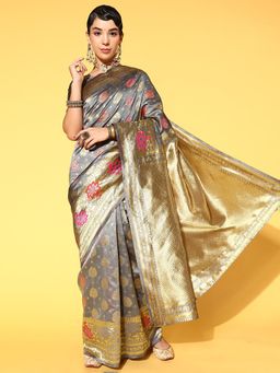 Sareemall - Silk Blend Grey Woven Design Celebrity Saree With Unstitched Blouse