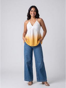 Twenty Dresses by Nykaa Fashion - Yellow Ombre Schiffli Embroidered Halter Neck Top