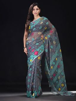 Beatitude - Grey Cotton Silk Woven Jacquard Jamdani Saree with Unstitched Blouse