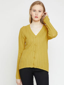Madame - Self Design V Neck Casual Women Gold Sweater