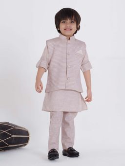 Mini Stitch - Beige Full Sleeve Woven Stripe Kurta and Jacket with Pant (Set of 3)