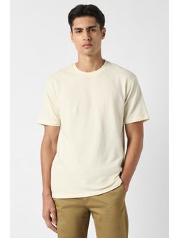 Peter England - Men Beige Textured Crew Neck T-Shirt