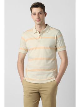Peter England - Men Beige Stripe Polo T-Shirt