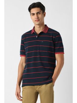 Peter England - Men Navy Blue Stripe Polo T-Shirt