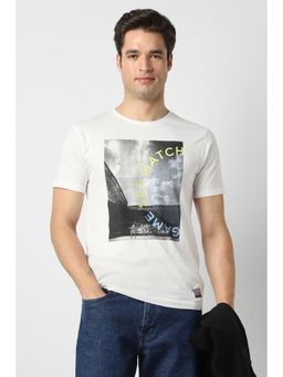 Peter England - Men White Printed Round Crew Neck T-Shirt