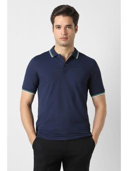 Peter England - Men Navy Blue Textured Polo T-Shirt