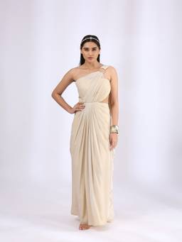 Neha Gursahani - Gold Shimmer Pre Draped Saree with Attached Blouse