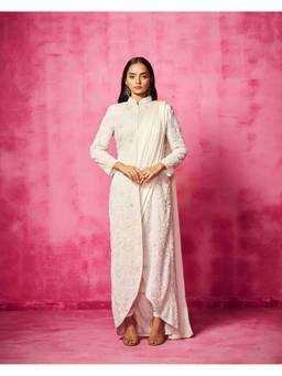Neha Gursahani - Ivory Embroidered Jacket with Pre-Draped Pant Saree