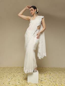 Neha Gursahani - Ivory Scalloped Embroidered Saree with Stitched Blouse