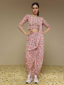Neha Gursahani - Pre Draped Printed Pink Saree with Stitched Blouse