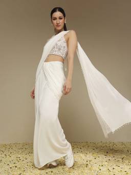 Neha Gursahani - Ivory Predraped Pant Saree with Stitched Blouse