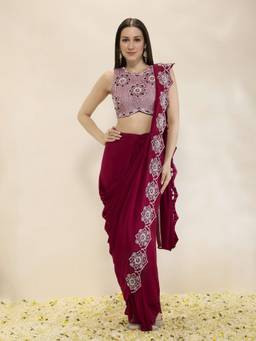 Neha Gursahani - Wine Pre Draped Embroidered Saree with Stitched Blouse