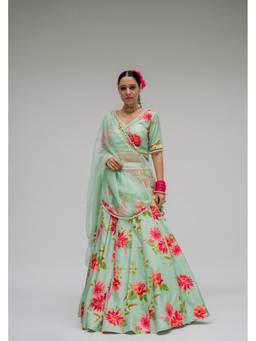 Chrkha - Baagh- Green Printed Lehenga and Dupatta with Blouse