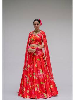 Chrkha - Baagh- Red Printed Lehenga and Dupatta with Blouse