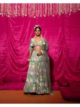 Chrkha - Bhado- Grey Printed Lehenga and Dupatta with Blouse