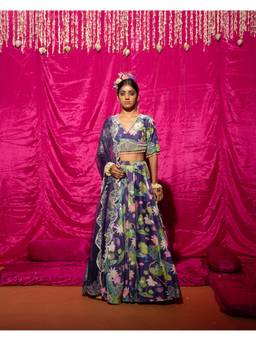 Chrkha - Bhado- Purple Printed Lehenga and Dupatta with Blouse